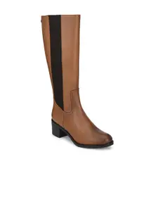 Delize Woman Tan & Black Leather High-Top Block Heeled Boots