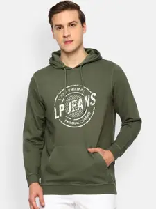 Louis Philippe Jeans Men Olive Green Printed Hooded Sweatshirt