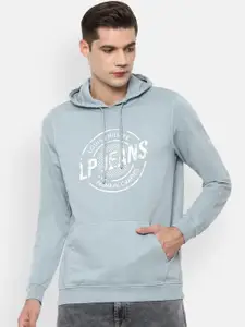 Louis Philippe Jeans Men Blue Graphic Printed Pure Cotton Hooded Sweatshirt