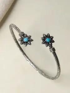 TEEJH Silver-Plated Blue Stone Studded Oxidised Floral Bracelet