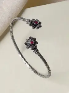 TEEJH Saroj Silver-Plated Red Studded Oxidised Floral Cuff Bracelet