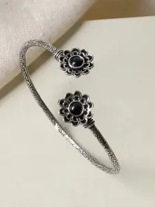 TEEJH Women Silver Toned & Black Silver Plated Oxidised Floral Bracelet