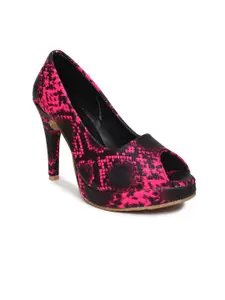 VALIOSAA Women Pink & Black Printed Stiletto Peep Toes