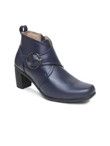 VALIOSAA Woman Navy Blue Block Heeled Boots with Buckles