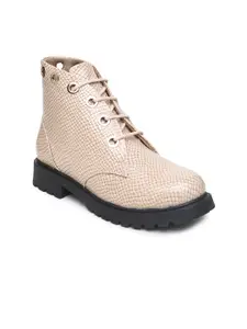 VALIOSAA Cream-Coloured Textured Block Heeled Boots
