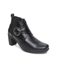 VALIOSAA Black Solid Block Heeled Boots with Buckles