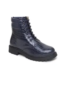 VALIOSAA Women Navy Blue Textured Block Heeled Boots