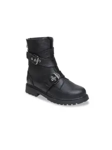 VALIOSAA Black Textured High-Top Block Heeled Boots with Buckles