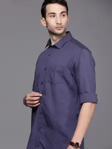 Louis Philippe Sport Men Navy Blue Solid Slim Fit Cotton Linen Casual Shirt