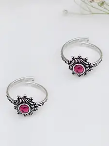TEEJH Set Of 2 Oxidised Silver-Plated Pink Stone-Studded Toe Rings