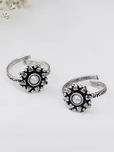 TEEJH Set Of 2 Oxidised Silver-Plated White Stone-Studded Toe Rings