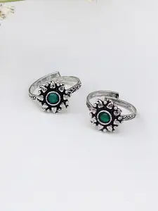 TEEJH Set Of 2 Oxidised Silver-Plated Sea Green Stone-Studded Toe Rings
