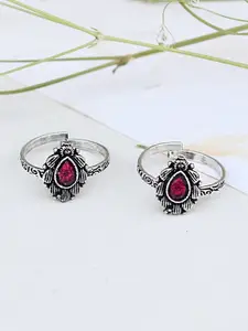 TEEJH Set Of 2 Silver-Plated Pink Stone-Studded Oxidised  Toe Rings