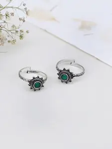 TEEJH Green & Silver Toned Set of 2 Aashvi Stone Oxidised Toe Rings
