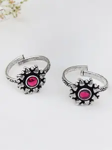 TEEJH Pink & Silver Set of 2 Miraya Stone Oxidised Toe Rings