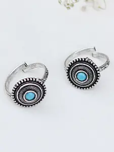 TEEJH Set Of 2 Oxidised Silver-Plated Blue Stone-Studded Toe Rings