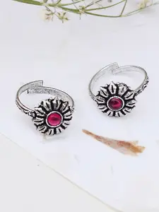 TEEJH Pack of 2 Pink & Silver Toned Oxidised Toe Rings