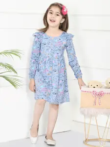 LilPicks Girls Blue & Pink Unicorn Printed Cotton A-Line Dress