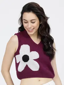 Tokyo Talkies Women Purple & White Floral Printed Crop Pullover