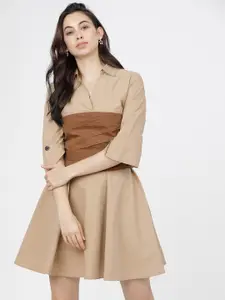 Tokyo Talkies Beige & Brown Colourblocked Fit & Flared Shirt Dress With Corset