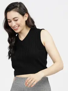 Basics By Tokyo Talkies Women Black Crop Sweater Vest