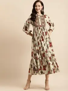 RANGMAYEE Off White & Red Floral Liva Ethnic A-Line Maxi Ethnic Dress