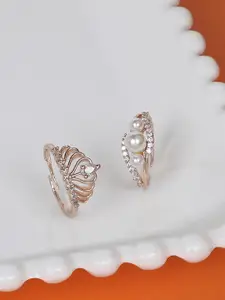 Zaveri Pearls Set Of 2 Rose Gold-Plated White CZ-Studded & Beaded Adjustable Contemporary Finger Rings