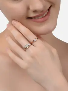 Zaveri Pearls Set Of 2 Rose Gold-Plated White CZ-Studded & Beaded Adjustable Contemporary Finger Rings