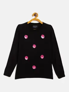 Crimsoune Club Girls Black & Pink Floral Pullover with Embellished Detail