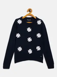 Crimsoune Club Girls Navy Blue & White Floral Pullover with Embellished Detail