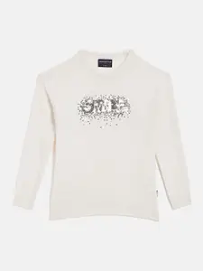 Crimsoune Club Girls White & Silver-Toned Acrylic Pullover with Embellished Detail