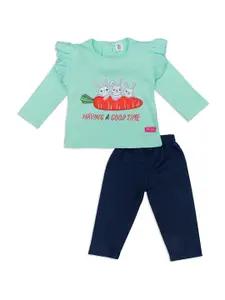 Little Folks Girls Green & Navy Blue Printed Pure Cotton Top with Trousers