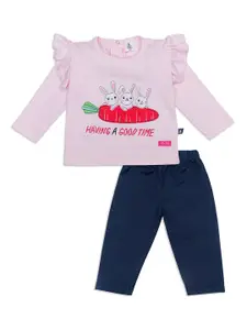 Little Folks Girls Pink & Navy Blue Printed Pure Cotton T-shirt with Trousers
