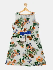 Creative Kids Girls White Floral Printed A-Line Dress with Bow