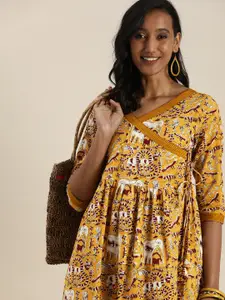 Taavi Women Mustard Yellow & Maroon Bagru Hand Block Print Wrap Dress