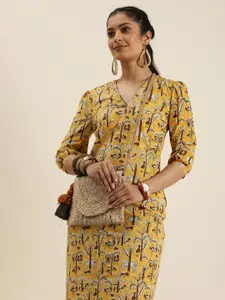 Taavi Mustard Yellow & Brown Bagru Folk Print Pure Cotton Sustainable Sheath Dress