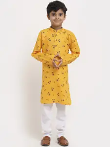 KRAFT INDIA Boys Yellow Floral Printed Regular Pure Cotton Kurta with Pyjamas