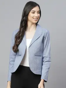Cottinfab Women Blue Pure Cotton Blazer With Shawl Collar
