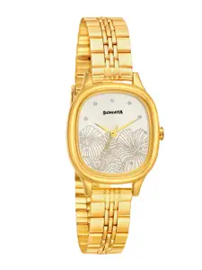 Sonata Women Silver-Toned Brass Dial & Gold-Toned Bracelet Style Analogue Watch 8173YM01