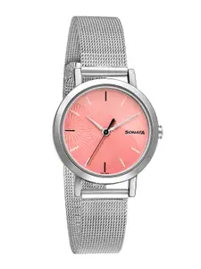 Sonata Women Pink Brass Dial & Silver Toned Bracelet Style Straps Analogue Watch 8174SM02