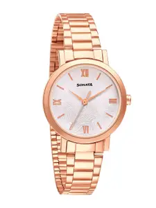 Sonata Women Silver-Toned Brass Dial & Rose Gold Toned Straps Analogue Watch 8174WM01