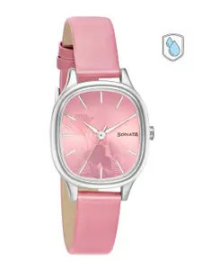 Sonata Women Pink Brass Printed Dial & Leather Straps Analogue Watch 8173SL01