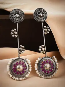 Rubans Oxidized Silver Plated Ruby and Pearl Beaded Floral Dangle Earrings Traditional