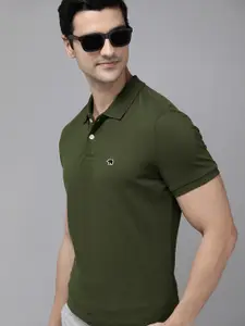 THE BEAR HOUSE Men Green Solid Overdyed Polo Collar Slim Fit Pure Cotton T-shirt