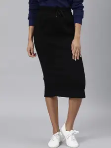 RAREISM Women Black Solid Knee Length Pencil Skirt