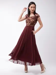 Miss Chase Maroon & Beige Georgette Lace Overlay Fit & Flared Maxi Dress