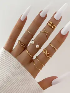 Shining Diva Fashion Set Of 9 Gold-Plated Finger Ring