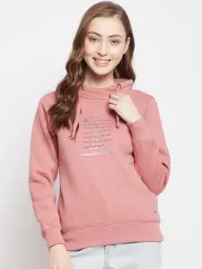 Crimsoune Club Women Pink Printed Turtle Neck Hooded Sweatshirt