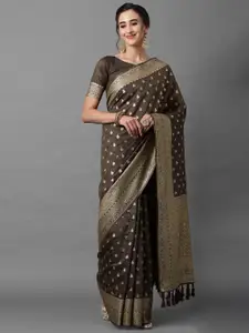 Mitera Brown & Gold-Toned Woven Design Zari Silk Blend Banarasi Saree