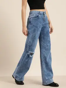 Moda Rapido Women Blue Wide Leg Highly Distressed Light Fade Stretchable Jeans